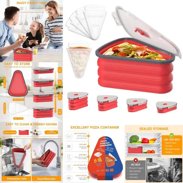 Pizza Storage Set - Converts From Slice To Whole Pizza Size - Air Tight Silicone - 5 Microwavable Pizza Bags Included