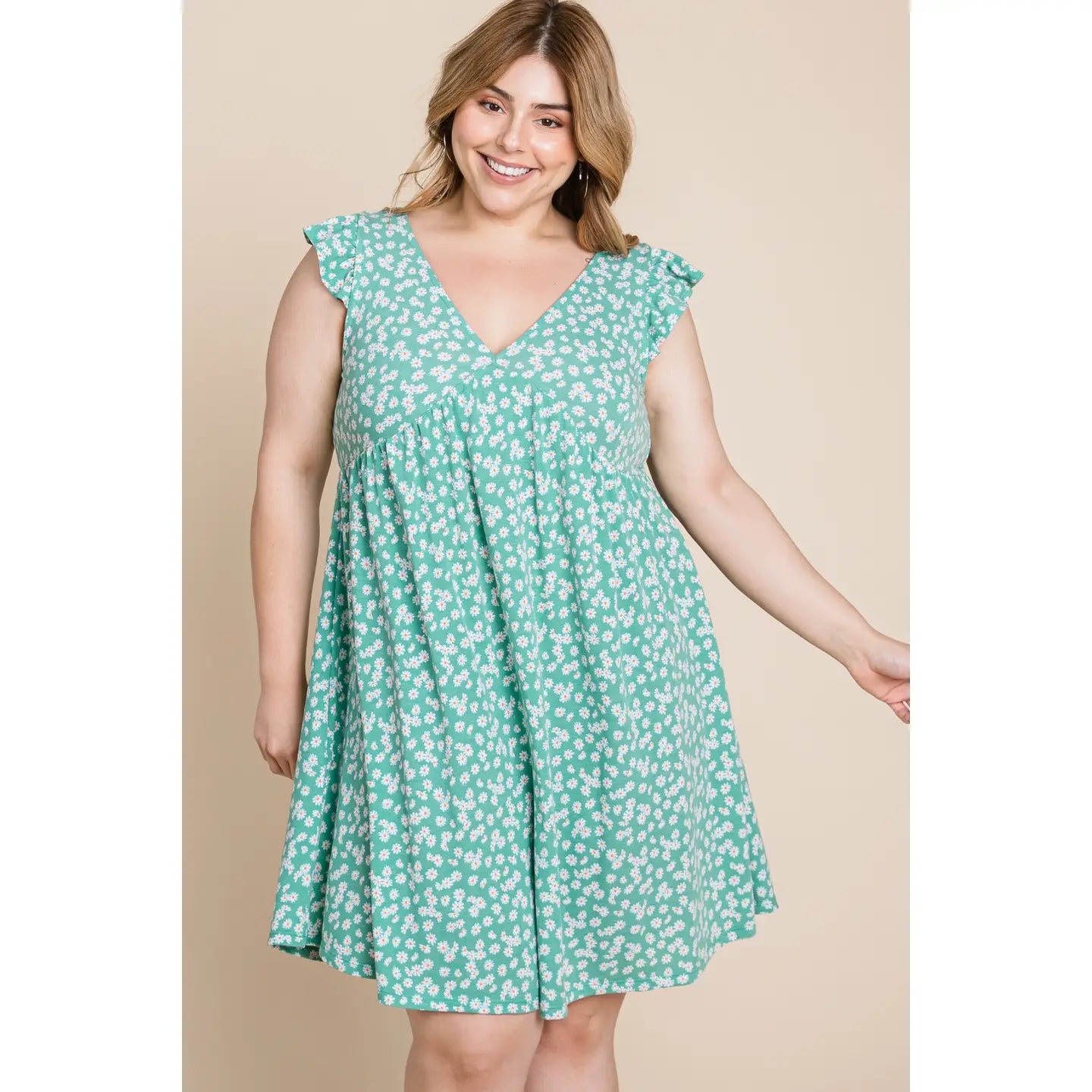 Plus Size Mini Floral Swing Dress-Green