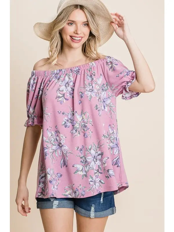 Plus Size Floral Off Shoulder Top-Pink