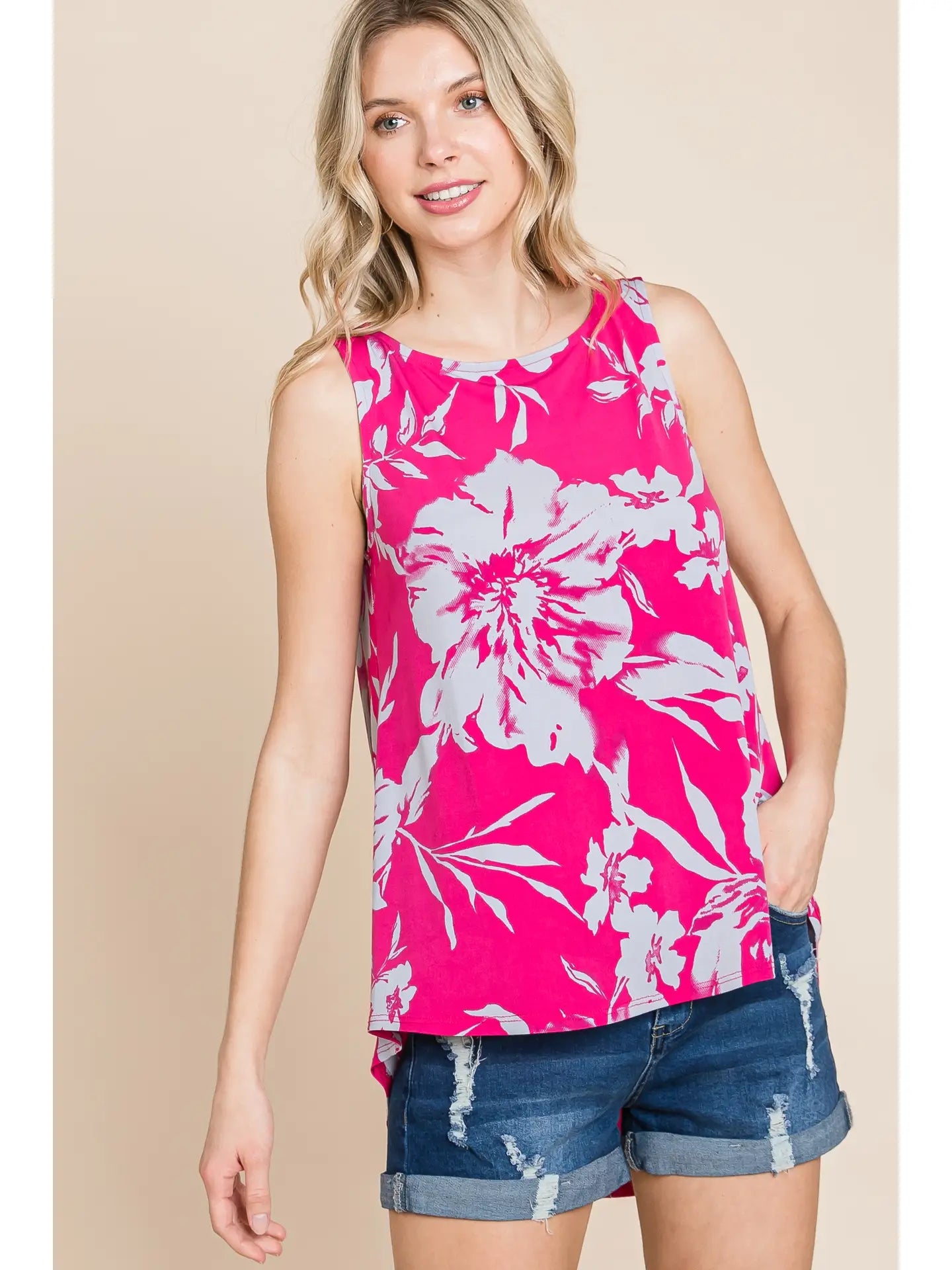 Plus Size Floral Sleeveless Hi-Low Top-Hot Pink