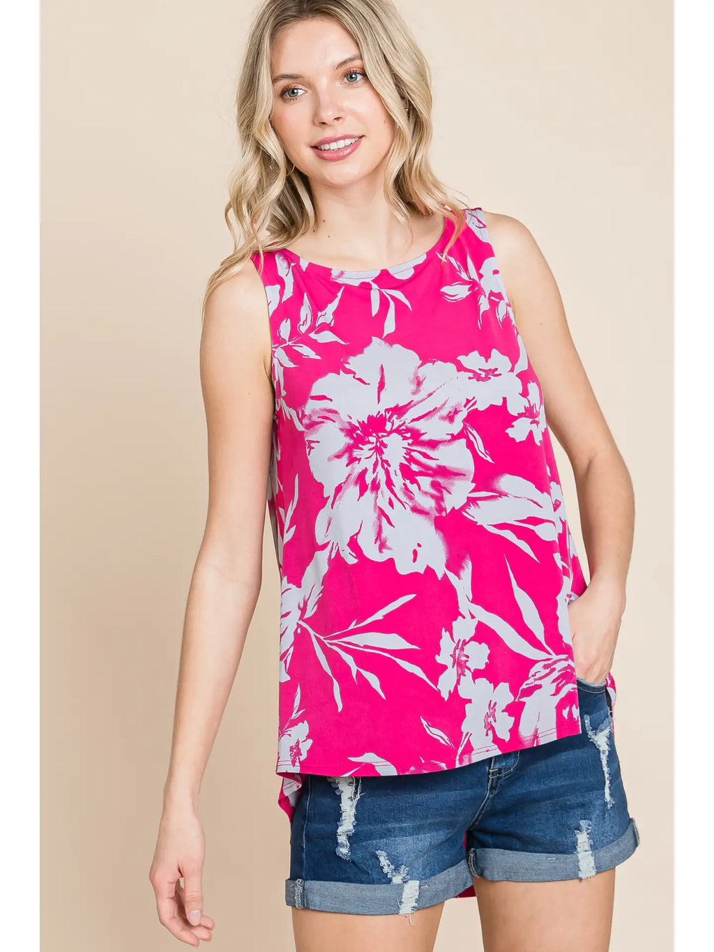 Plus Size Floral Sleeveless Hi-Low Top-Hot Pink