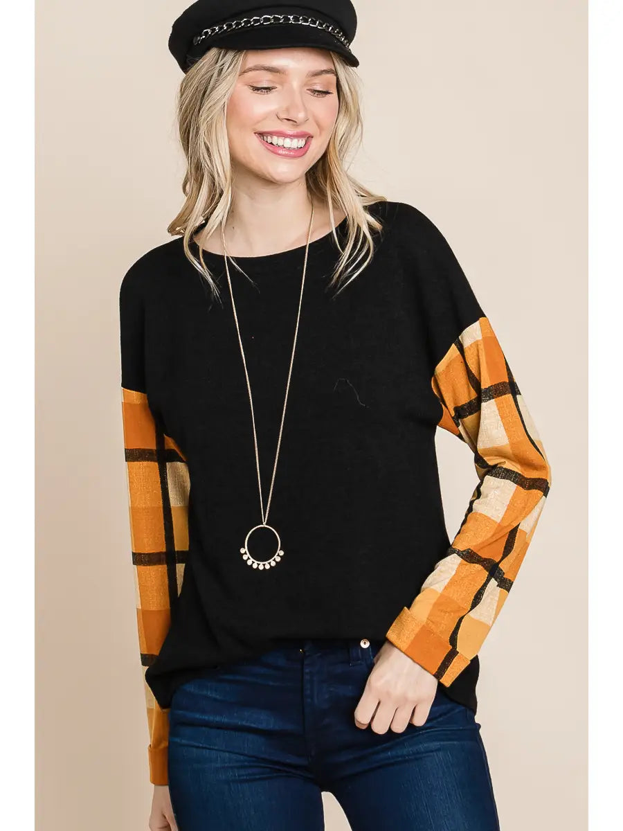 Plus Size Plaid Printed Sleeves Top-Mustard