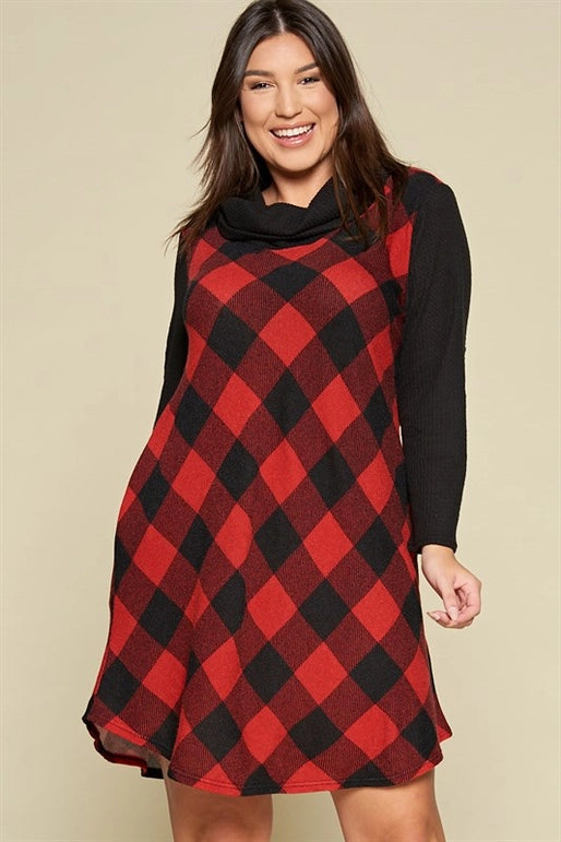 Plus Size Buffalo Plaid Dress with Elbow Patches-Red/Black