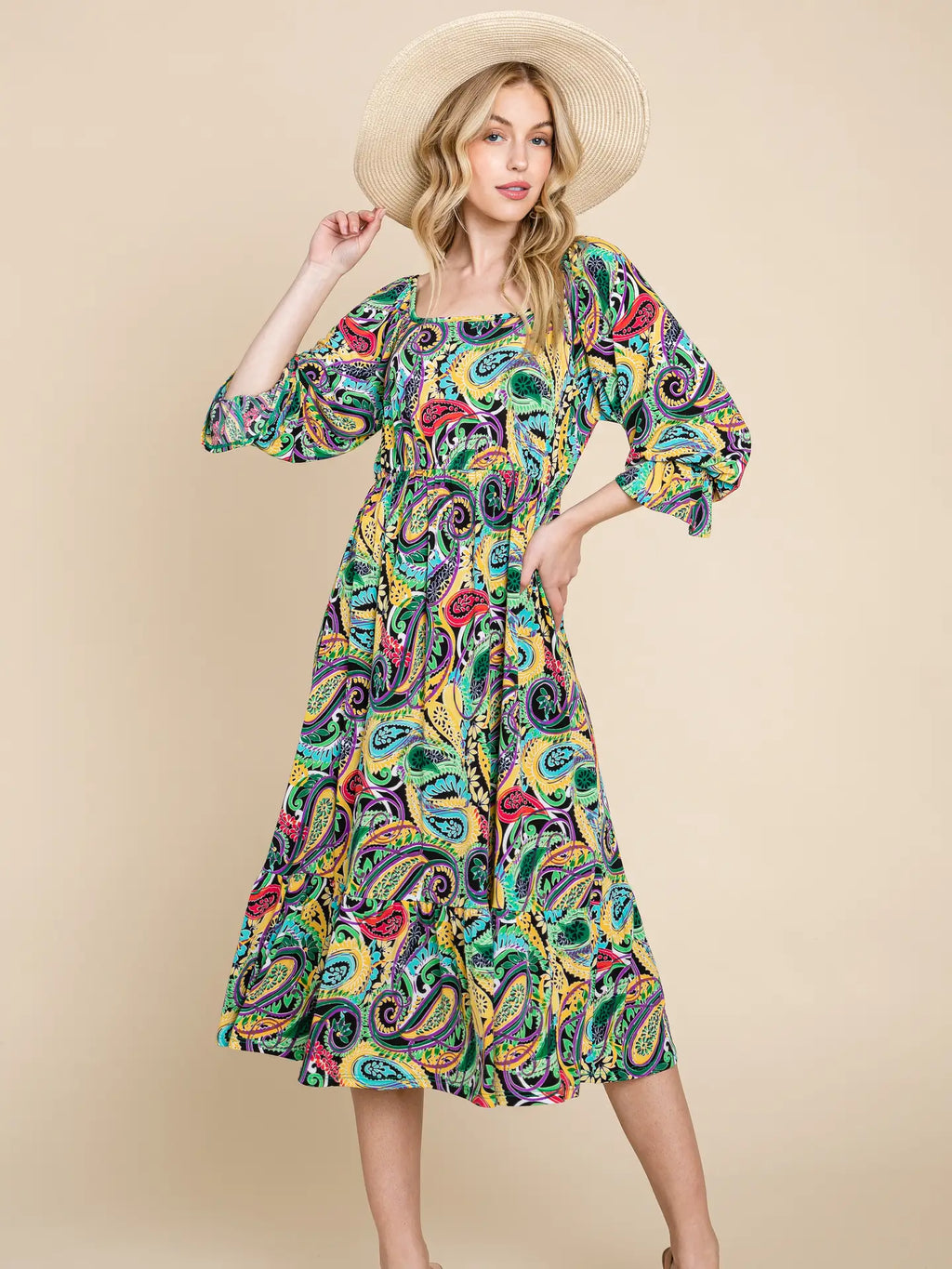 Plus Size Ity Print Tiered Square-Neck Dress-Size 2X-Green/Purple