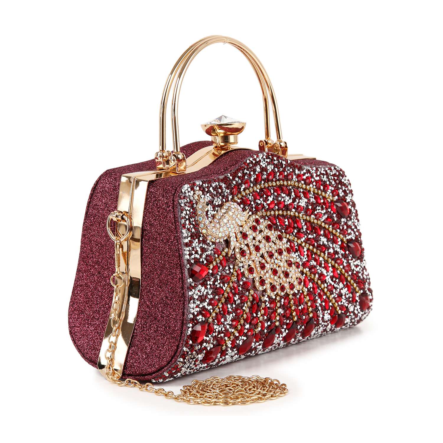 Highly Decorative Peacock Accented Evening Bag-Wine