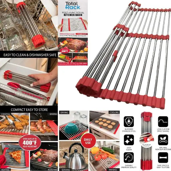 Total Rack - Multi-Function Kitchen Rack - Expands to 21" - Over The Sink, Oven or Grill - Safe Up To 400 Degrees - Stainless Steel