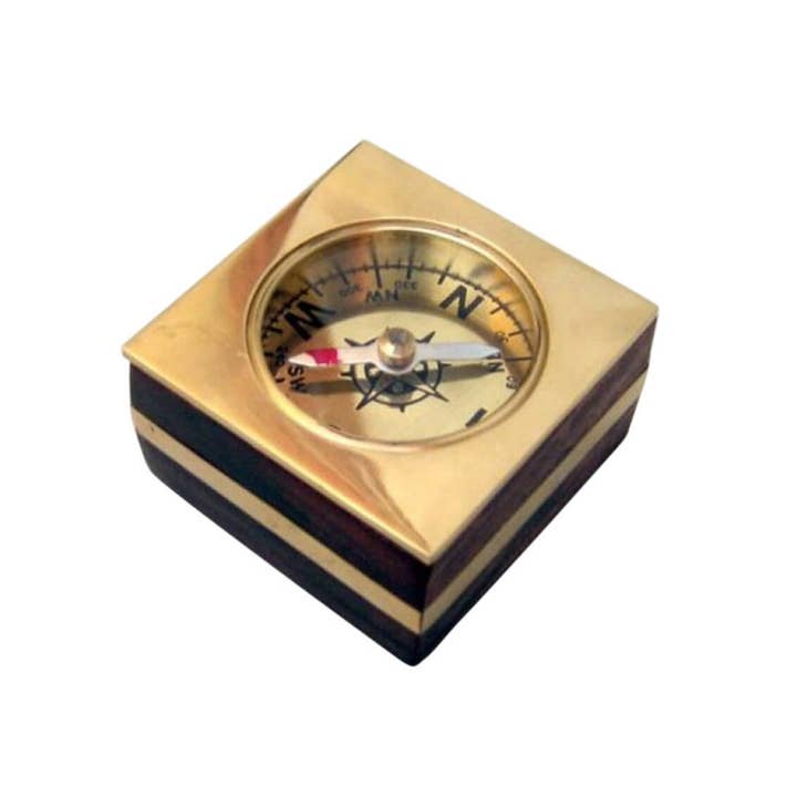 Wooden Desk Compass, Brass Inlay, 2.20" Gold Nautical Pocket