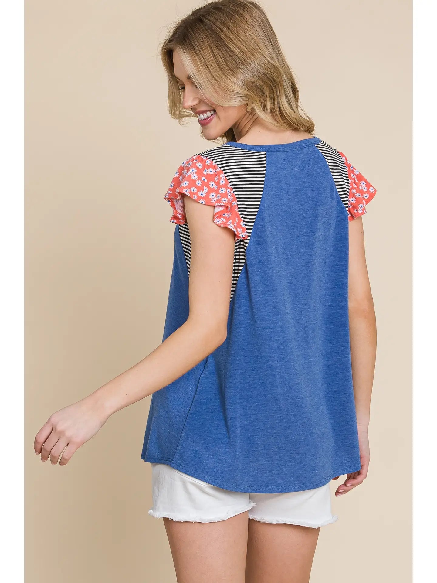 Plus Size Solid Casual Top with Striped Contrast-Royal