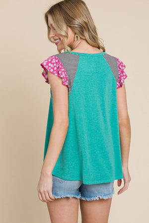 Plus Size Solid Casual Top with Striped Contrast-Green