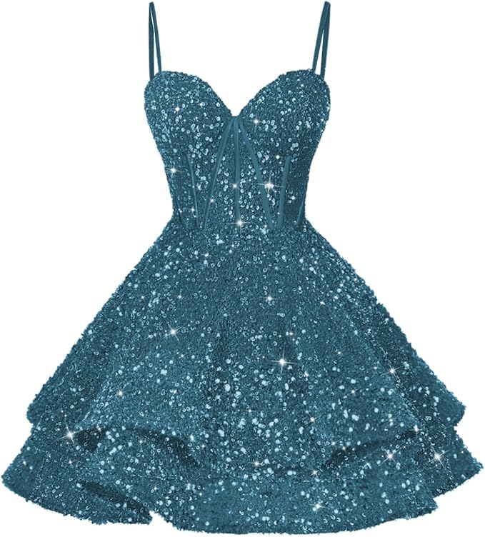 Women's Spaghetti Straps Sequin Homecoming Dresses Size 4 for Teens A Line Short Prom Party Dress