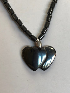 Hematite Double Twin Heart Beaded Necklace - 16 inches
