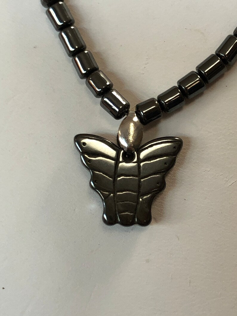 Hematite Butterfly Beaded Necklace - 16 inches