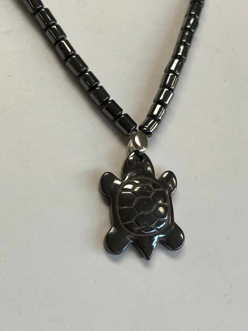 Hematite Turtle Beaded Necklace (16" or 18")