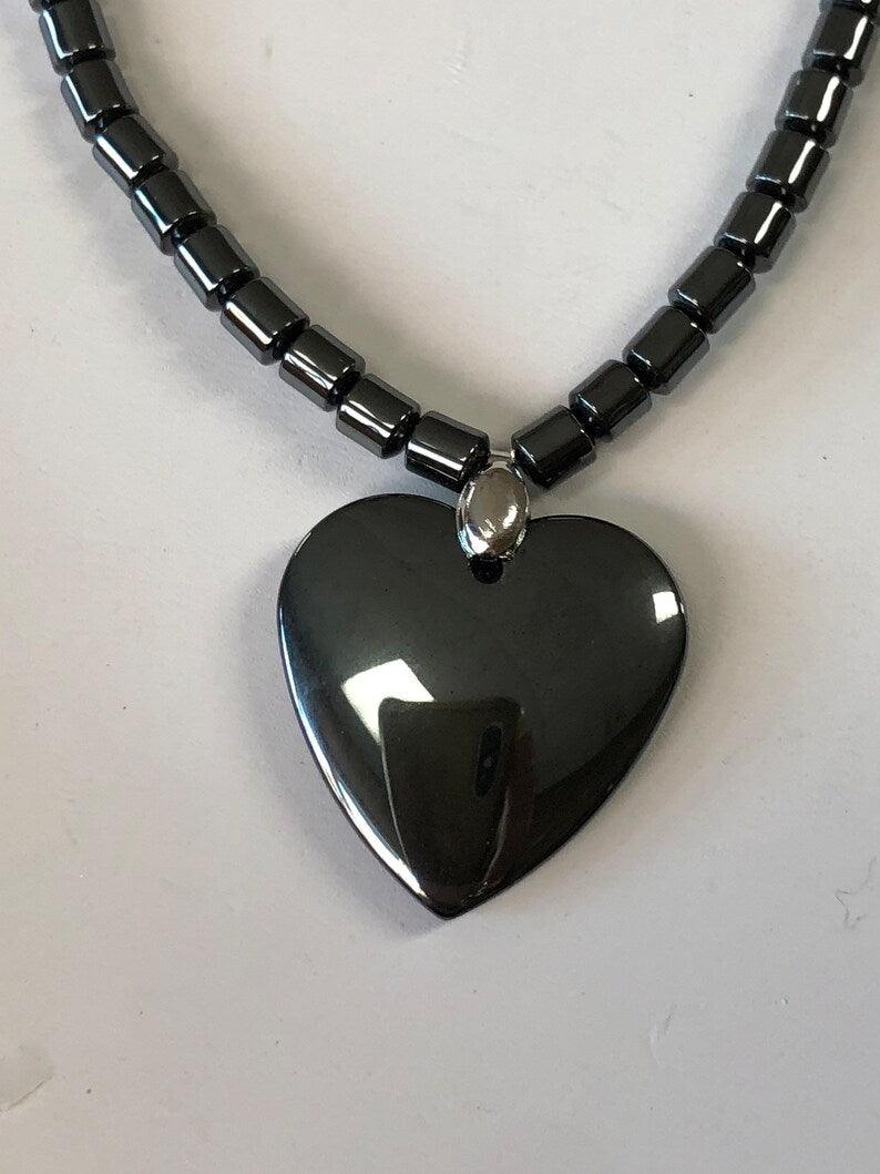 Hematite Big Heart Beaded Necklace - 18 inches