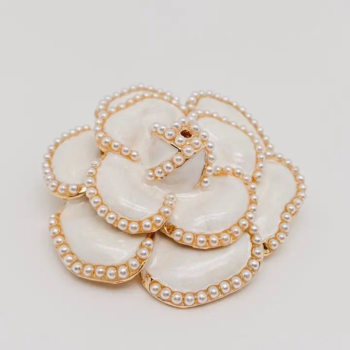 Camellia Pearl Enamel Brooch Pin - White