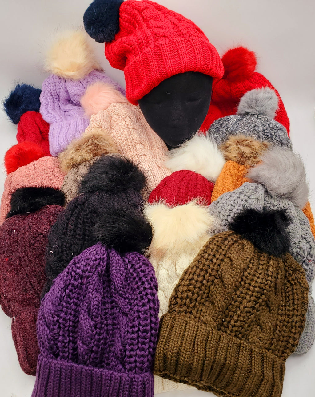 Winter Beanie Knit Hat Fleece Lined with Faux Fur Pom Poms-Assorted Colors