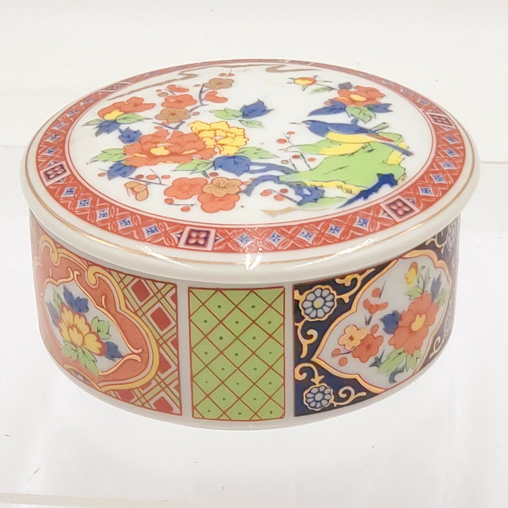 Vintage Porcelain Lidded Trinket Jewelry Box with Floral and Bird Design-Made in Japan