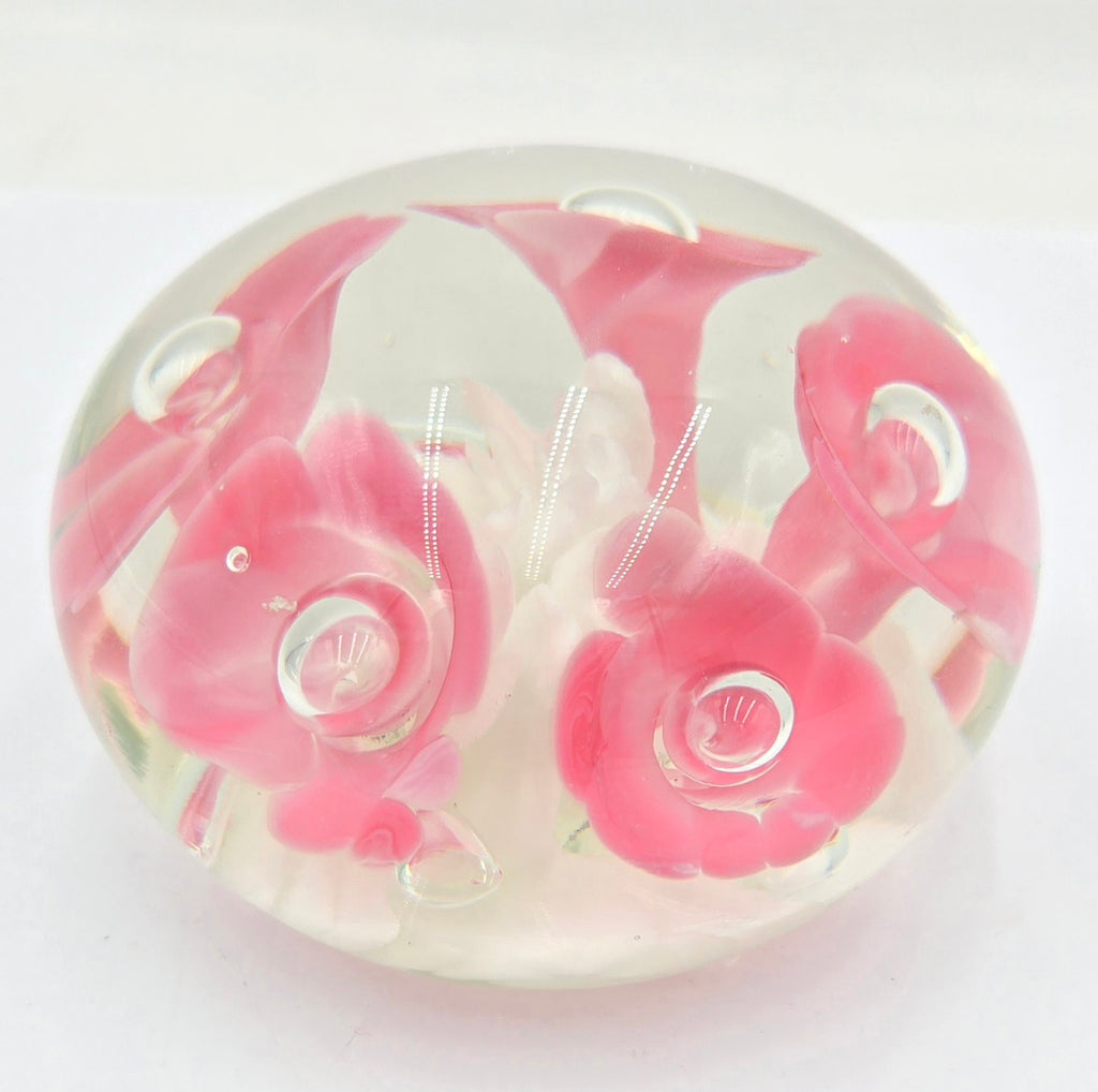 Vintage Joe St. Clair art glass paperweight featuring pink trumpet flowers (45 Tickets Available)