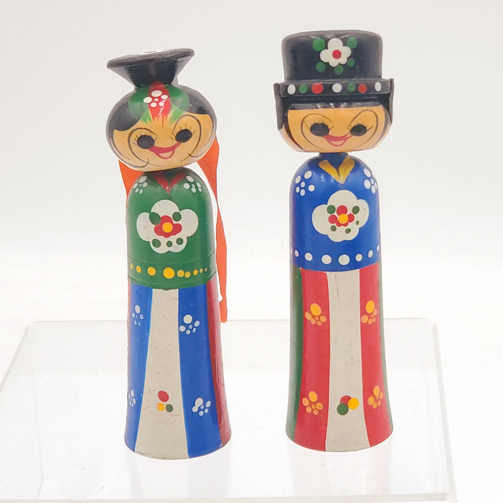 Vintage Hand Painted Wooden Bobblehead Kokeshi  Doll Couple