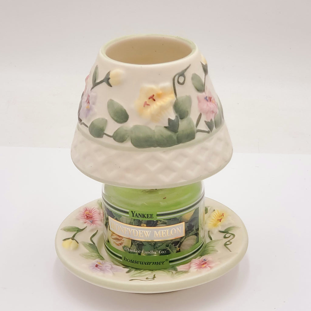 Yankee Candle Spring Morning Glory Lattice Plate and Votive Shade Topper Set with Honeydew Melon Candle
