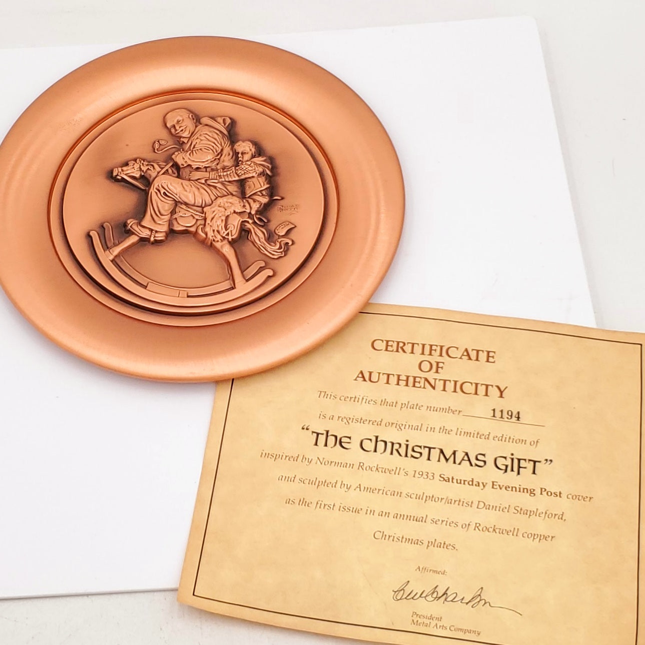 Norman Rockwell "The Christmas Gift" Solid Burnished Copper Plate-1978