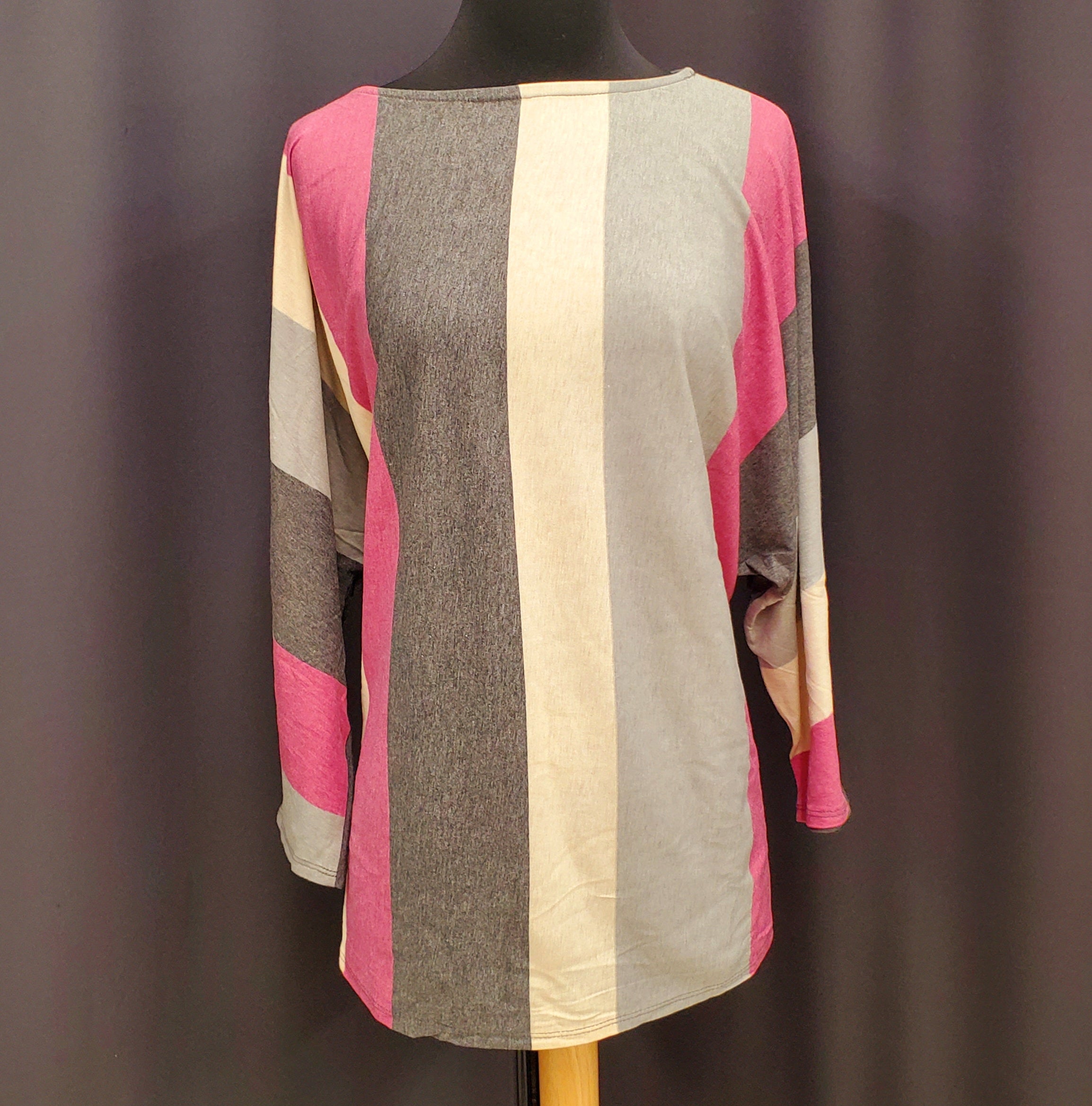 Plus Size Striped Long-Sleeved Shirt- Magenta/Grey- Size 1X