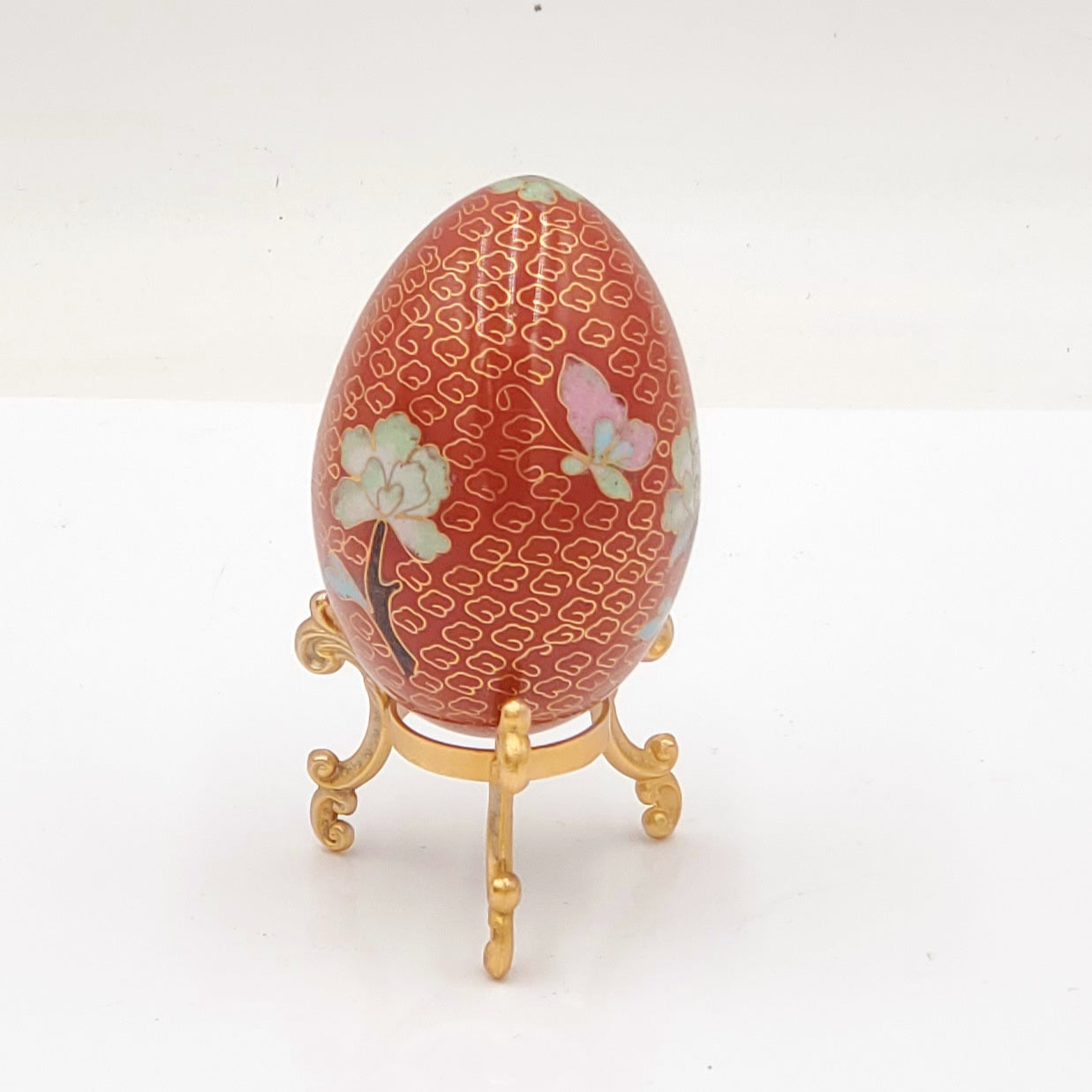 Ornate Cloisonne Enamel Egg with Gold Colored Metal Stand