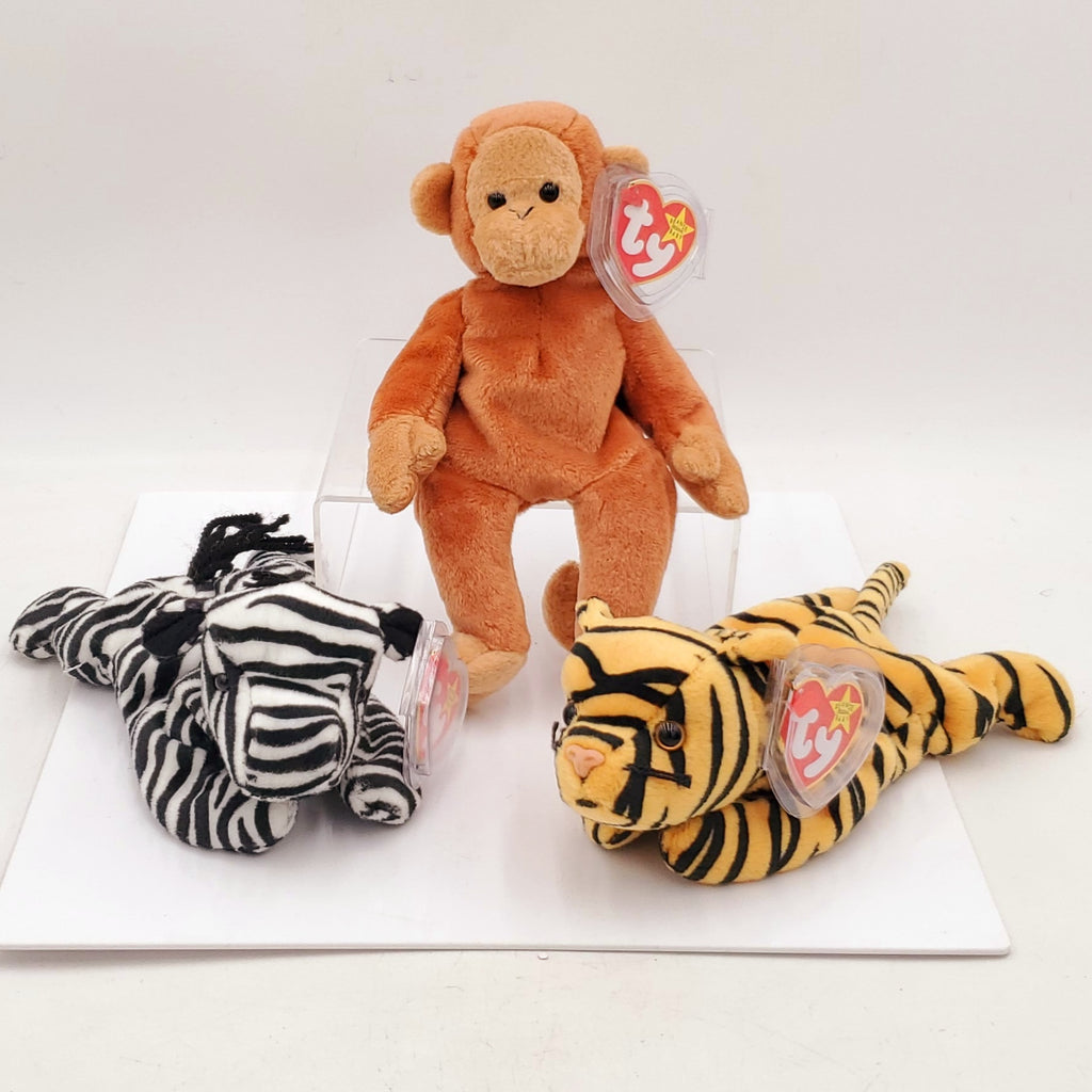 1995 Beanie Babies 3 Pack-Bongo the Monkey, Stripes the Tiger and Ziggy the Zebra
