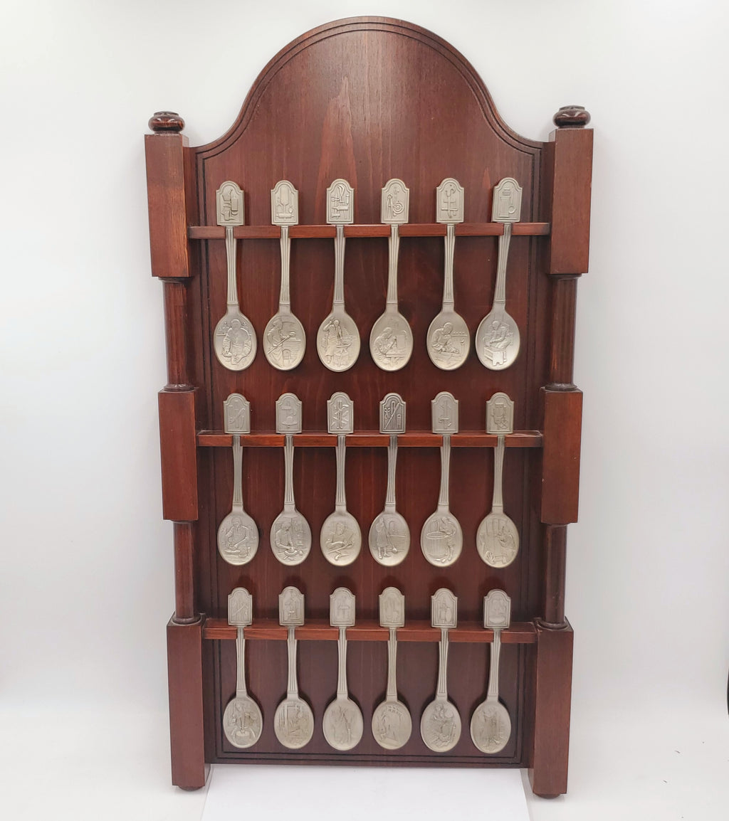 The Craftsmen of America Spoon Collection-Issued in limited edition by The Franklin Mint in 1977-Pewter Spoons- Come with Display Shelf
