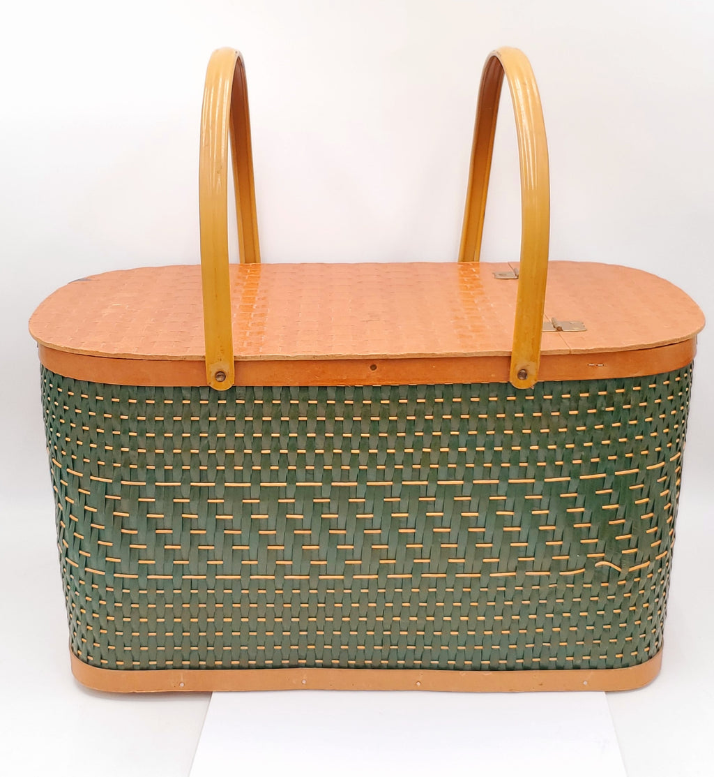 Vintage Burlington HAWKEYE Picnic Basket Green Brown Weave Metal Handles, Hinge Lid with Removable Tray