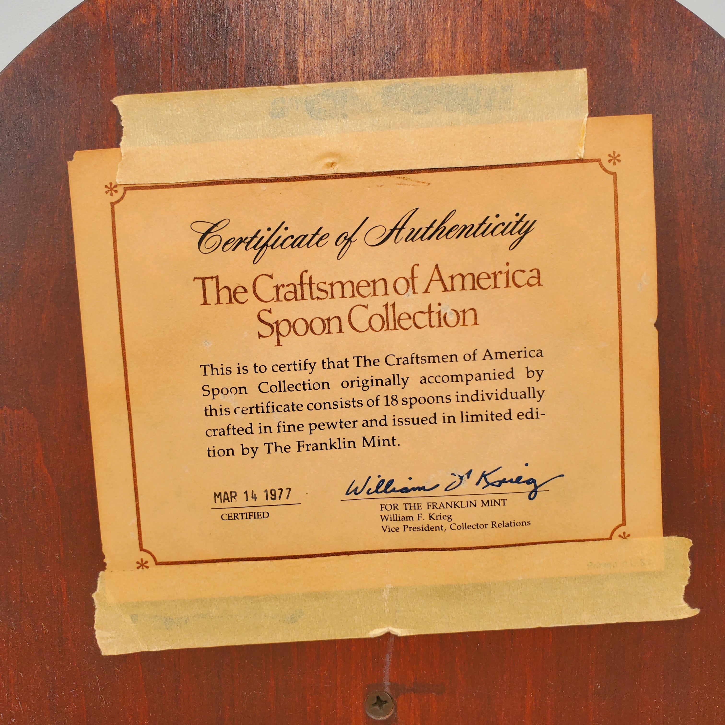 The Craftsmen of America Spoon Collection-Issued in limited edition by The Franklin Mint in 1977-Pewter Spoons- Come with Display Shelf