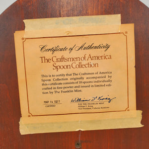 The Craftsmen of America Spoon Collection-Issued in limited edition by The Franklin Mint in 1977-Pewter Spoons- Come with Display Shelf