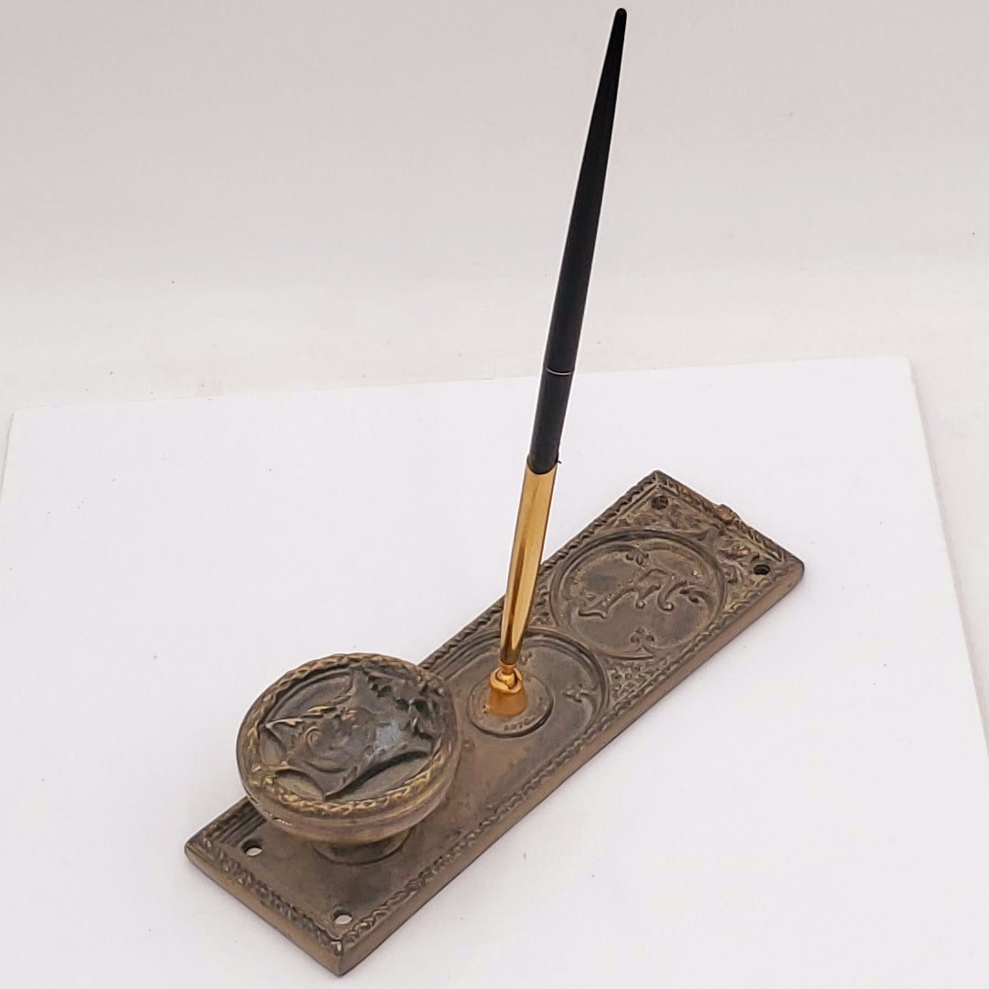 RARE 19th Century Interior Fisher Building Office Door Ornamental Cast Iron Monogrammed Figural Doorknob With Inkwell and Pen