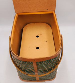 Vintage Burlington HAWKEYE Picnic Basket Green Brown Weave Metal Handles, Hinge Lid with Removable Tray