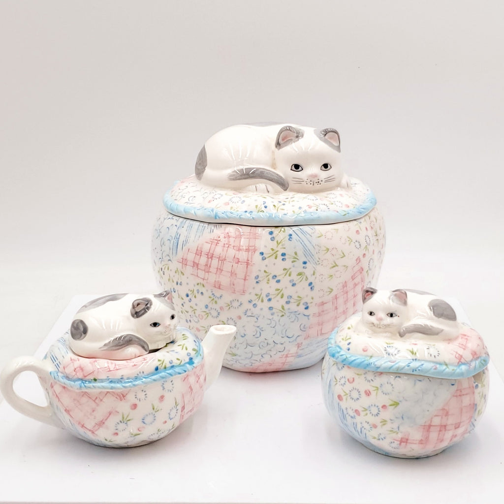 San Francisco Tsune Takahashi Ceramic Cat Themed Set- Including a Canister, Sugar Bowl and a Teapot.- Made in Japan