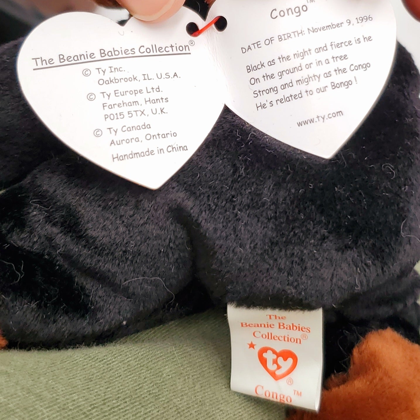 1996 Beanie Babies 4 Pack-Pouch the Kangaroo, Congo the Gorilla, Mel the Koala Bear and Spike the Rhinoceros