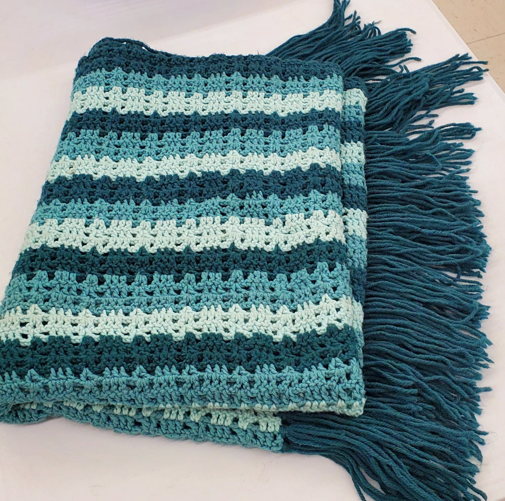 Vintage Handmade Crocheted Blue Striped Afghan 37" x 49"