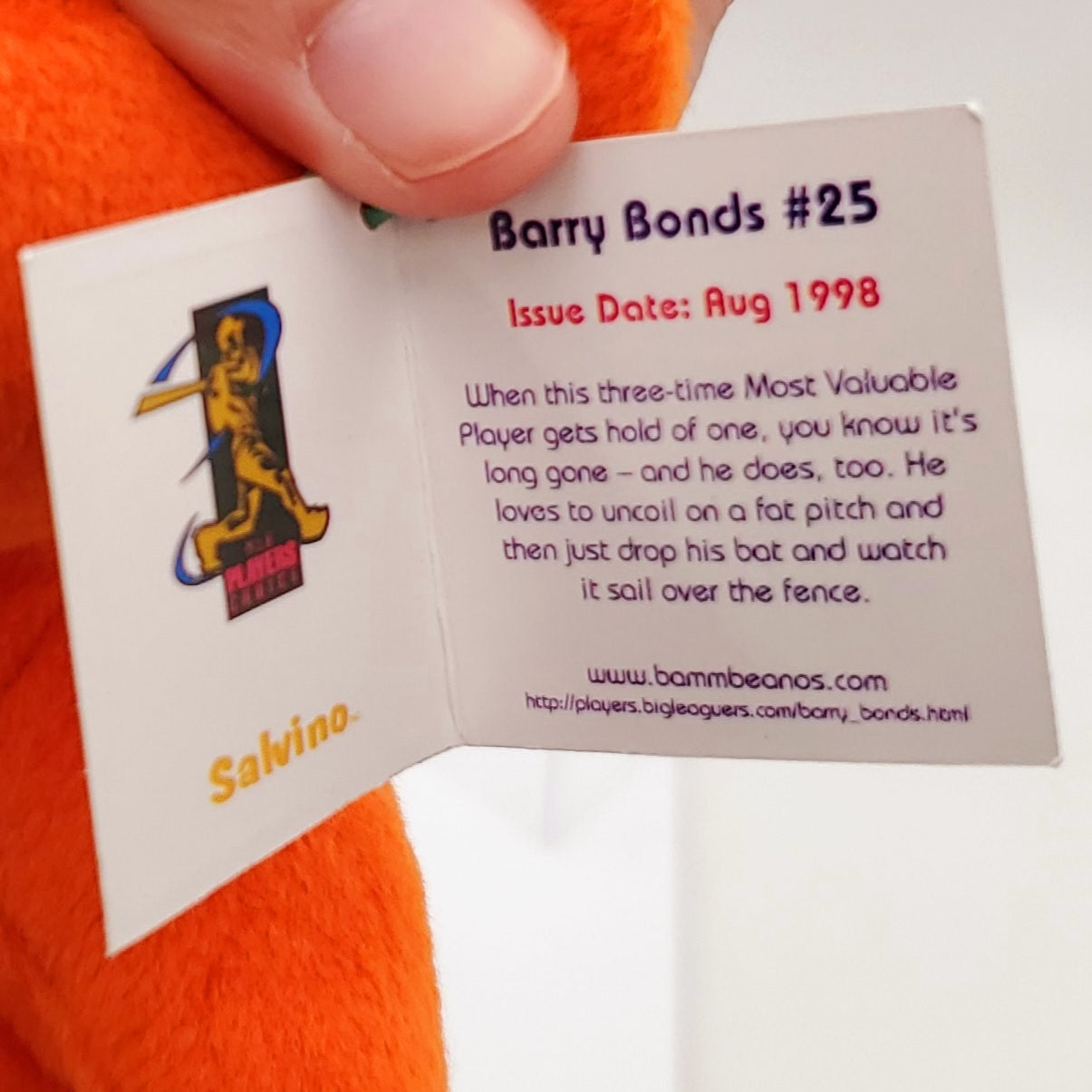 1998 Salvino's Bamm Beano's Barry Bonds #25 Orange Bear Plush