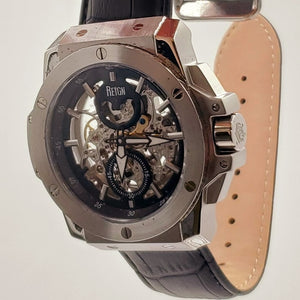 Vintage Reign Commodus Automatic Skeleton Dial Black Leather Silver Men's Watch