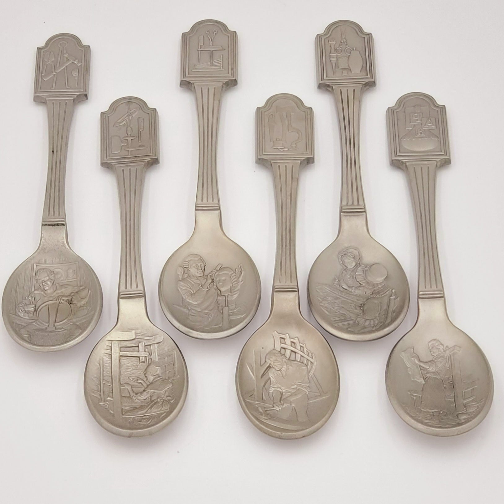 The Craftsmen of America Spoon Collection-Issued in limited edition by The Franklin Mint in 1977-Pewter Spoons- Come with Display Shelf
