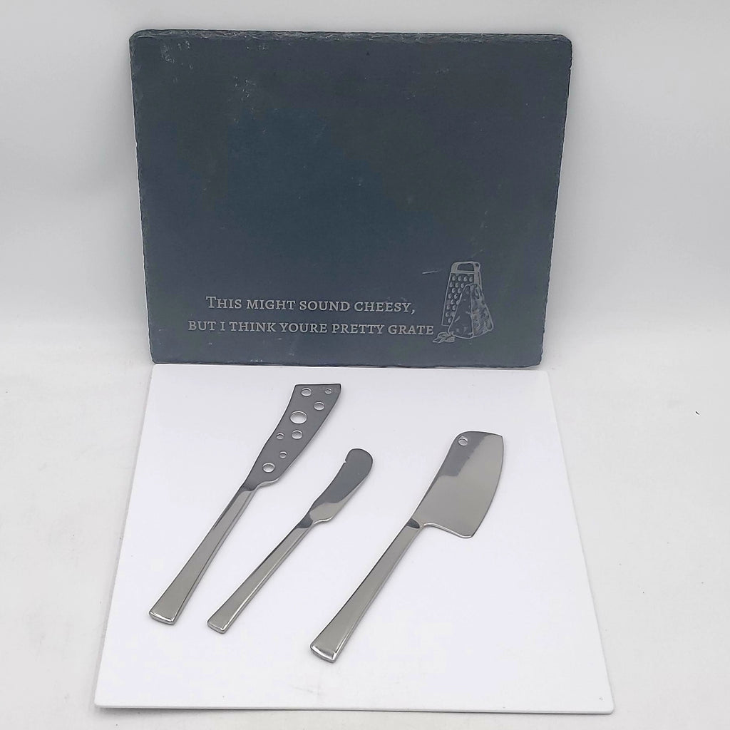 Engraved-Slate 9.75"x11.75"Cheese Board & 3 Straight Handle SS Cheese Knives