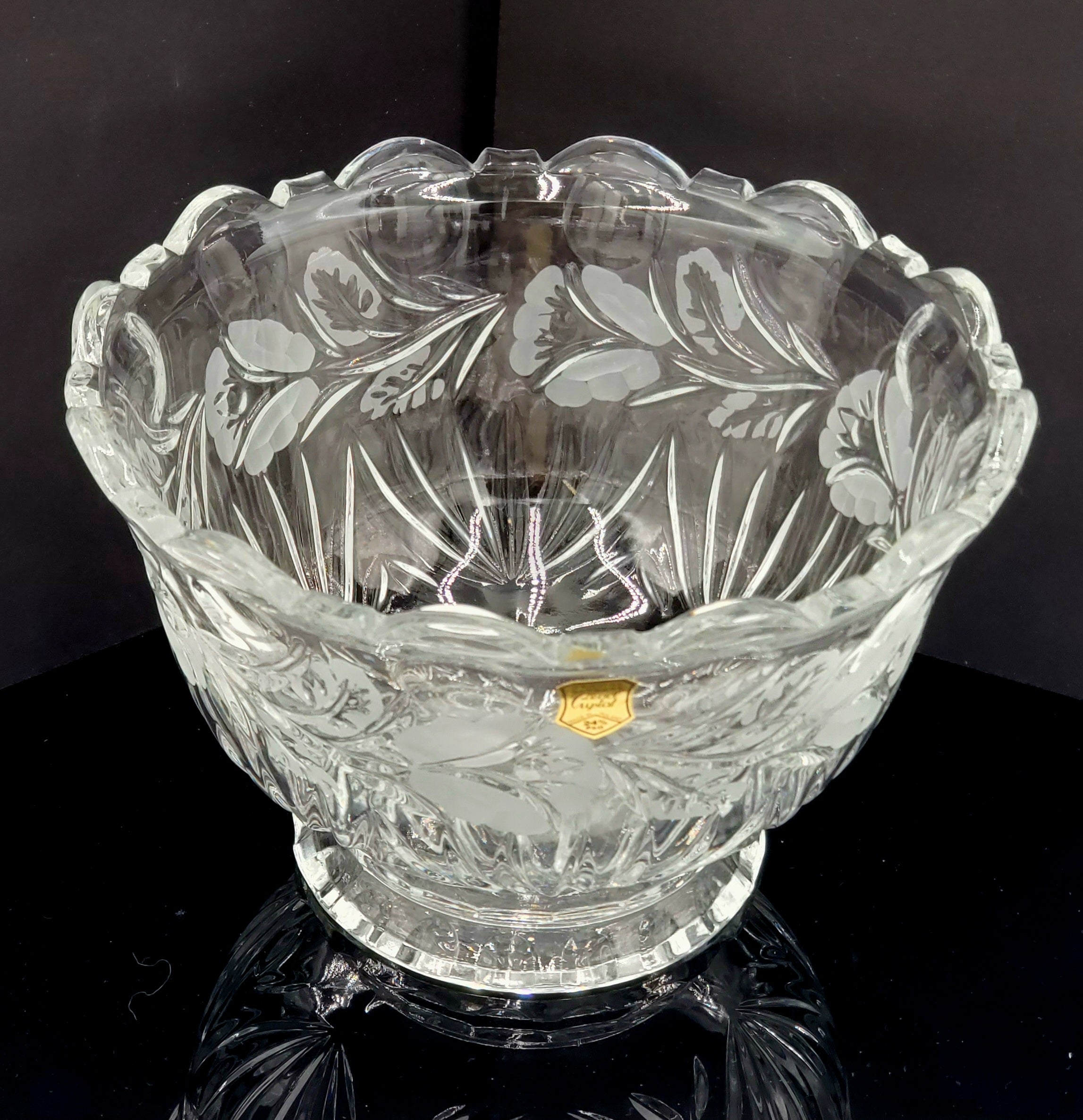Genuine Hand Cut Lead Crystal Bowl with Etched Flowers- Made in Poland