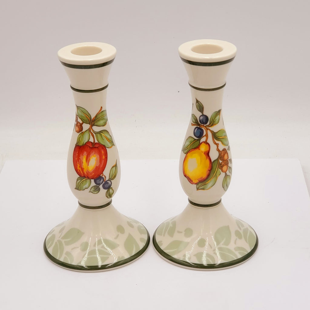 Partylite Ceramic 7" Tuscan Fruit Motif Taper Candlestick Holders Set of 2