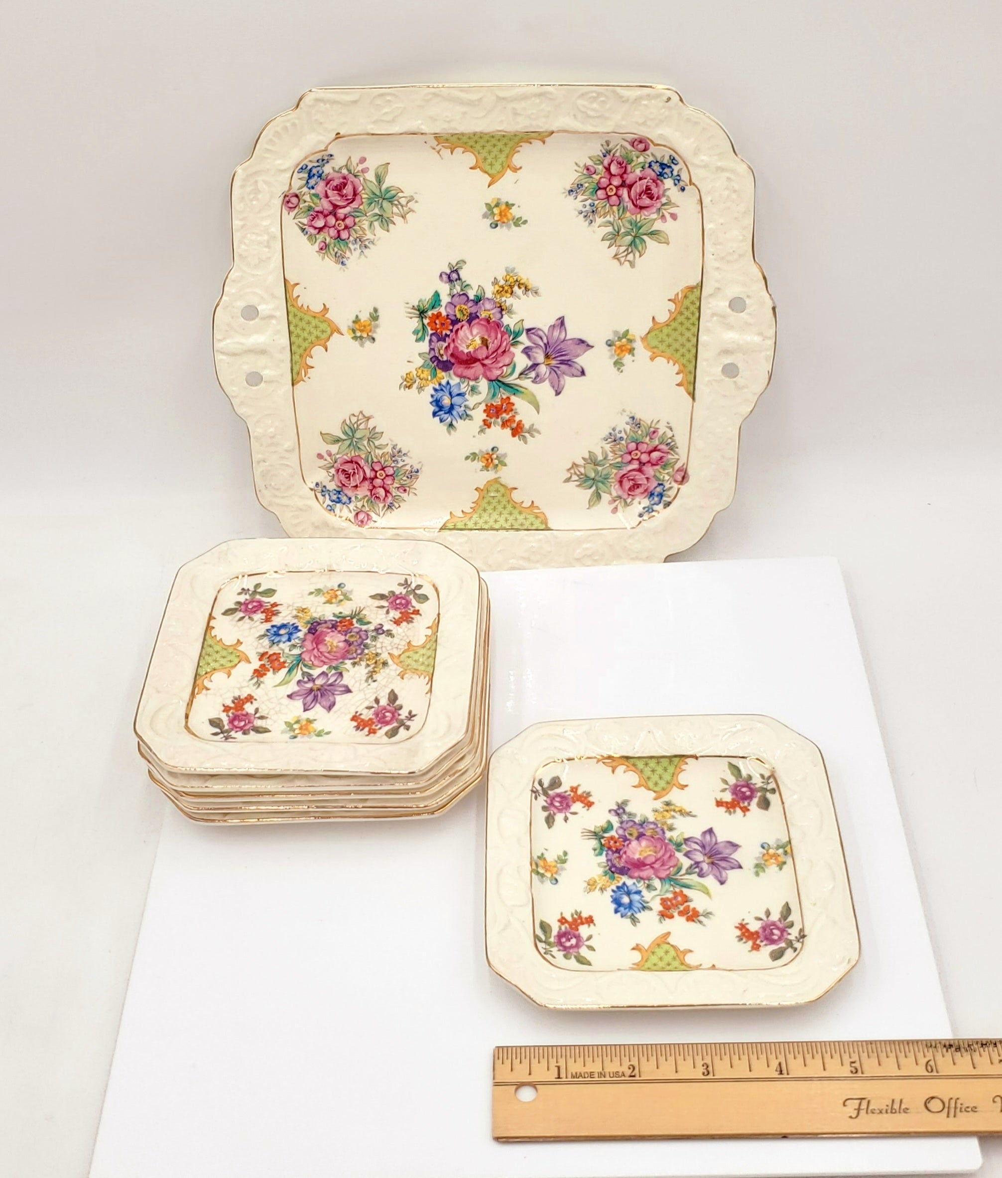 Vintage Tashiro Shoten Style Made in Japan Flowers Embossed Gold Rim Hand Painted Plates
