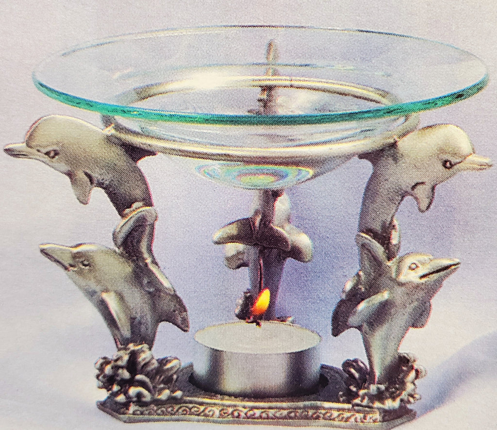 Pewter & Glass Votive Tea Light Candle Holder/Oil Burner Fragrance Warmer- Dolphin
