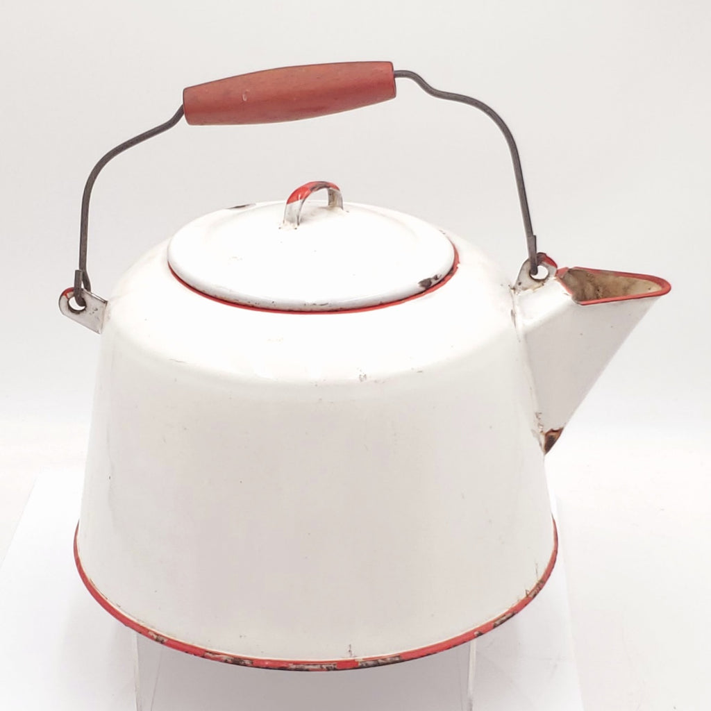 Vintage Enamel White Tea Kettle, Red Trimmed