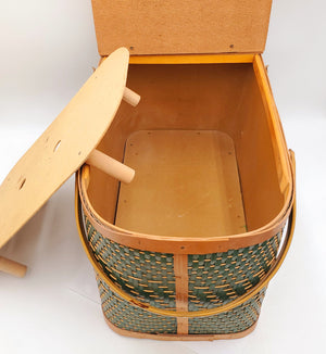 Vintage Burlington HAWKEYE Picnic Basket Green Brown Weave Metal Handles, Hinge Lid with Removable Tray