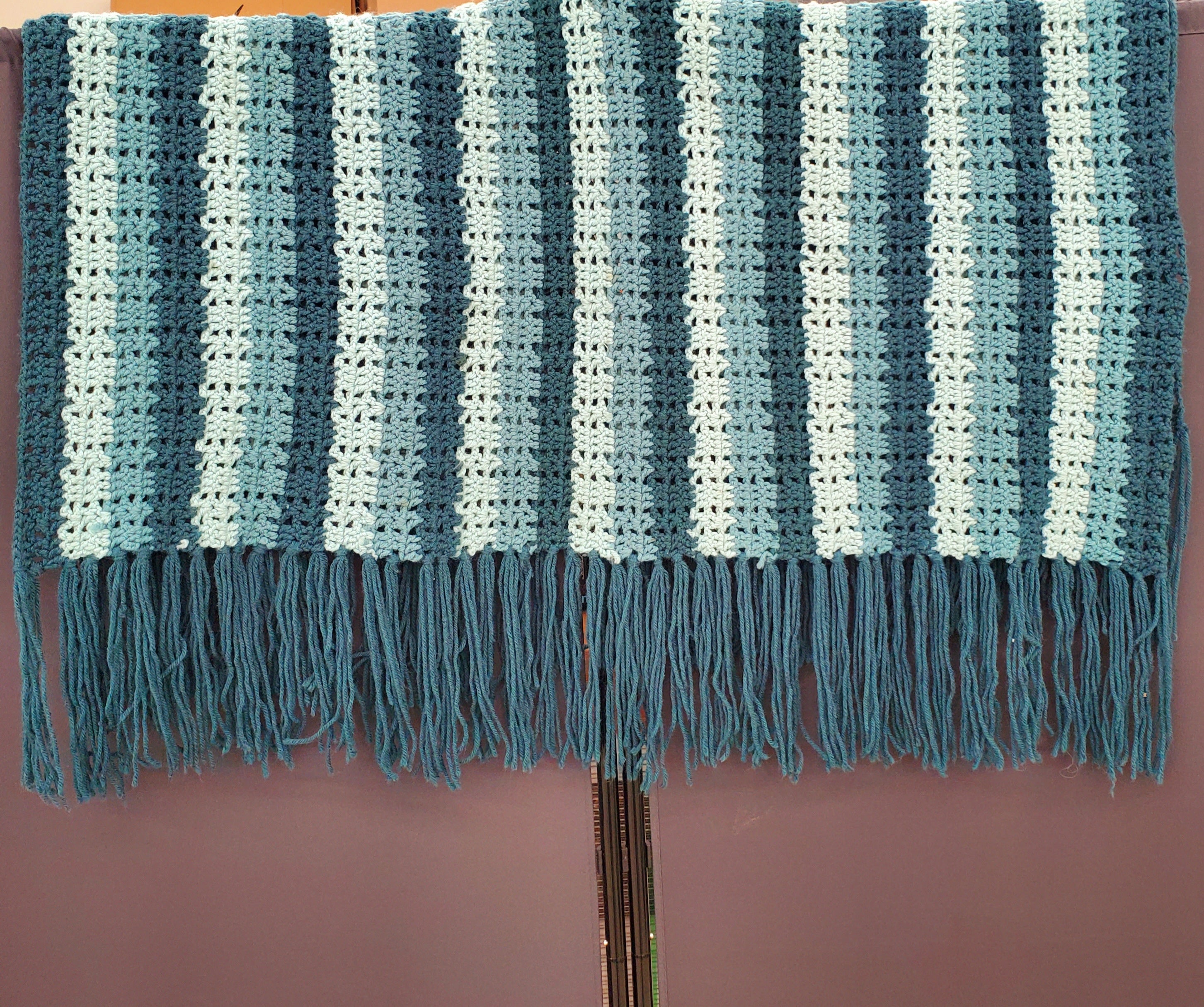 Vintage Handmade Crocheted Blue Striped Afghan 37" x 49"