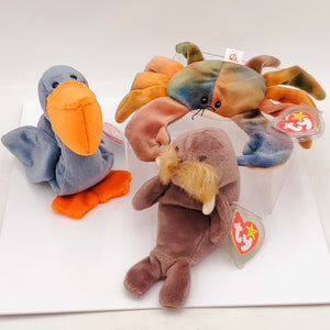 1996 Beanie Babies 3 Pack-Scoop the Pelican, Jolly the Walrus and Claude the Crab