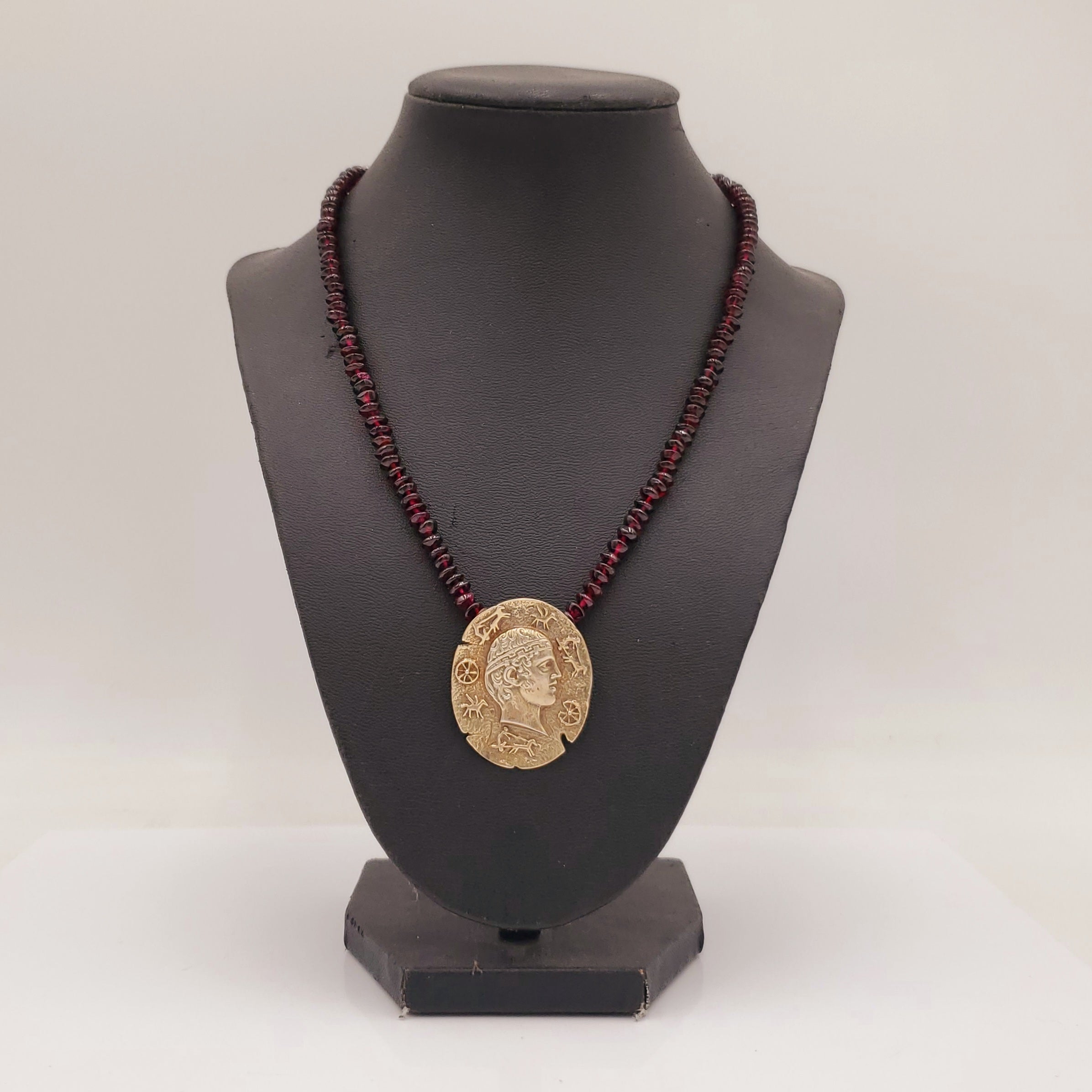 Beaded Garnet Ancient Roman Emperor's Julius Caesar Pendant Necklace